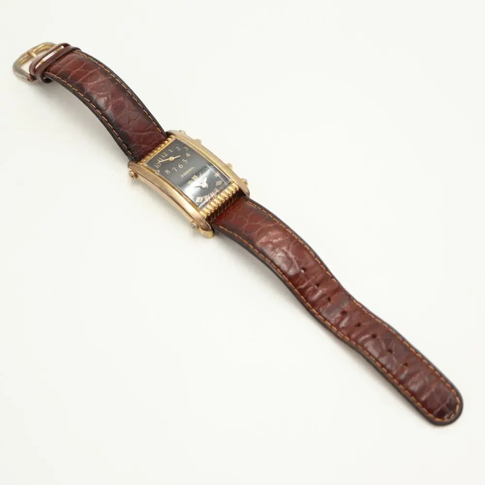 Vintage Fossil Dual Time 25mm Tank Watch Gold Tone Curved Black Dial New Battery